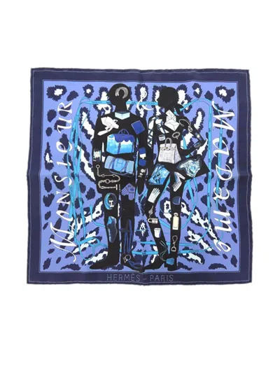 Pre-owned Hermes 2000-2010 Monsieur Et Madame Silk Scarf Scarves In Blue