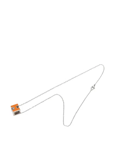 Pre-owned Hermes 2000-2010 Palladium Plated Lacquered Cage D H Pendant Necklace Costume Necklace In Orange