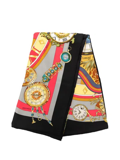 Pre-owned Hermes 2000-2015 Parmi Les Fleurs Je Compte Les Heures Silk Scarf 90 Scarves In Black