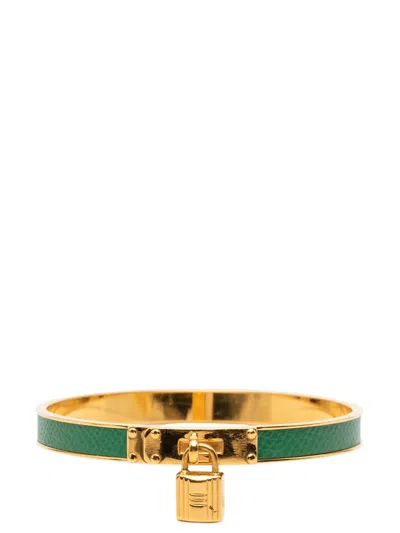 Pre-owned Hermes 2000-2020 Gold Plated Epsom Kelly Cadena Lock Bangle Bracelet Costume Bracelet