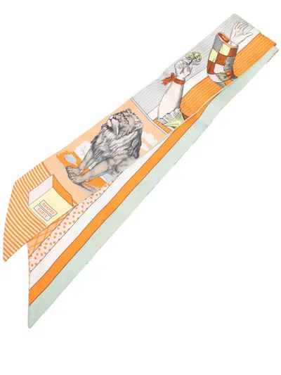 Pre-owned Hermes 2000-2020 Grand Theatre Nouveau Silk Twilly Scarf Scarves In Orange