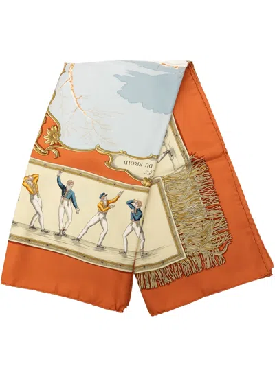Pre-owned Hermes 2000-2020 Les Plaisirs Du Froid Silk Scarf 90 Scarves In Orange