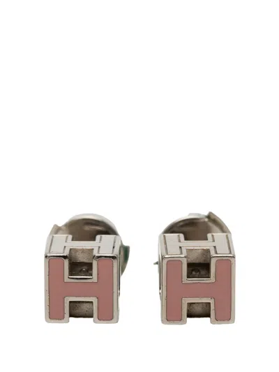 Pre-owned Hermes 2000-2020 Palladium Plated Enamel Cage D H Push Back Earrings Costume Earrings In Pink
