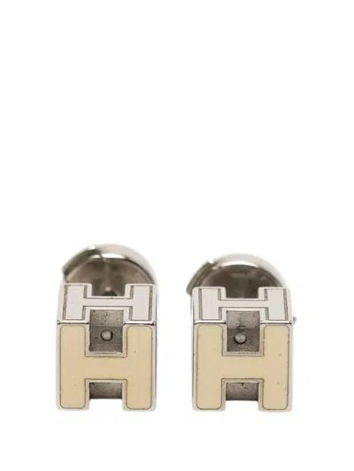 Pre-owned Hermes 2000-2025 Palladium Plated Cage D H Cube Earrings Costume Earrings In Silver