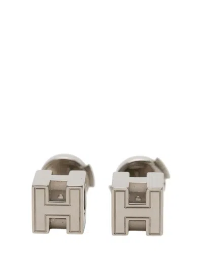 Pre-owned Hermes 2000-2025 Palladium Plated Cage Dh Cube Push Back Earrings Costume Earrings In Silver