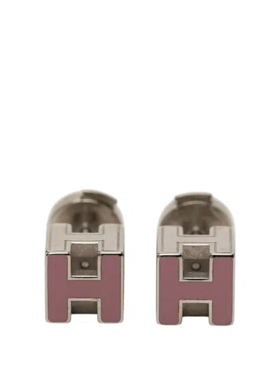 Pre-owned Hermes 2000-2025 Palladium Plated Enamel Cage D H Push Back Earrings Costume Earrings In Pink