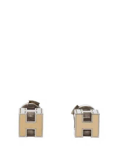 Pre-owned Hermes 2000-2025 Palladium Plated Enamel Cage Dh Cube Push Back Earrings Costume Earrings In Neutral