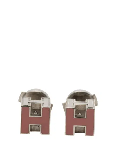 Pre-owned Hermes 2000-2025 Palladium Plated Enamel Cage Dh Cube Push Back Earrings Costume Earrings In Pink