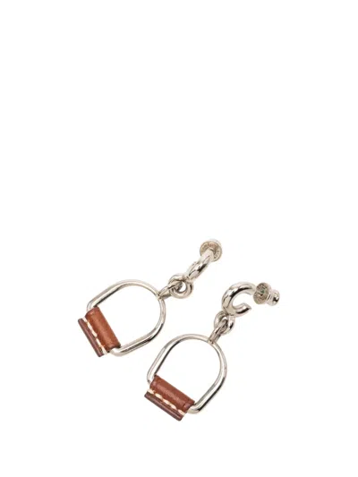 Pre-owned Hermes 2000-2025 Silver Plated And Swift Leather Equestre Etrier Push Back Earrings Costume Earrings In Brown