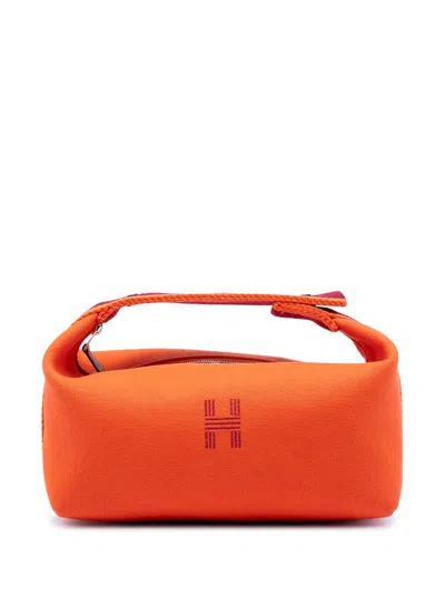 Pre-owned Hermes 2000-2025 Small Toile Bride A Brac Case Vanity Bag In Orange