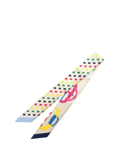 Pre-owned Hermes 2000-2026 Bouclerie Moderne Plumetis Silk Twilly Scarf Scarves In White