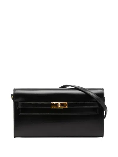 Pre-owned Hermes 2000-2026 Box Calf Kelly To Go Wallet Crossbody Bag In Black