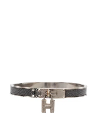 Pre-owned Hermes 2000-2026 Epsom And Palladium Plated Kelly Cadena Lock Bangle Bracelet Costume Bracelet In Gray