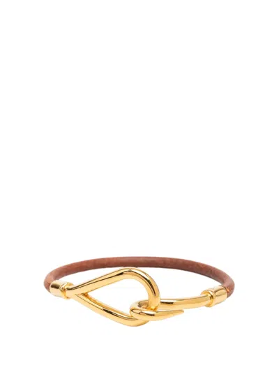 Pre-owned Hermes 2000-2026 Gold Plated And Leather Jumbo Hook Bracelet Costume Bracelet In Brown