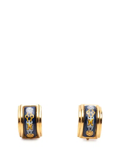 Pre-owned Hermes 2000-2026 Gold Plated Enamel Cloisonne Clip On Earrings Costume Earrings In Blue