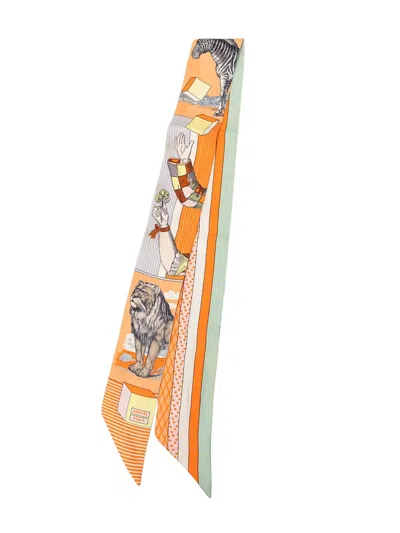 Pre-owned Hermes 2000-2026 Grand Theatre Nouveau Silk Twilly Scarf Scarves In Orange