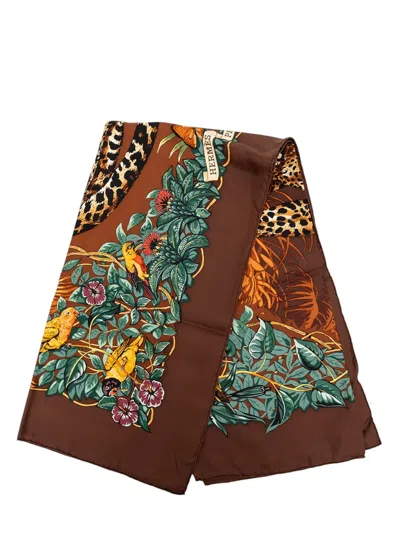 Pre-owned Hermes 2000-2026 Jungle Love Silk Scarf 90 Scarves In Brown