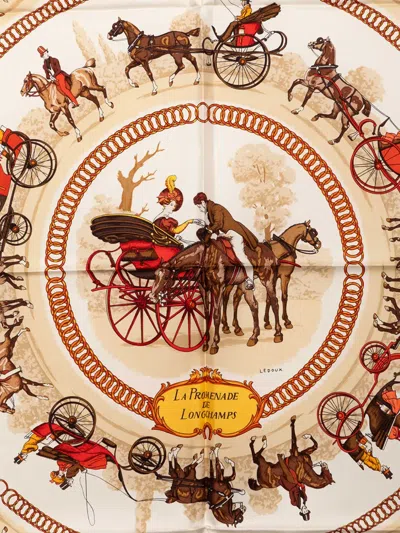 Pre-owned Hermes 2000-2026 La Promenade De Longchamps Silk Scarf 90 Scarves In Neutral