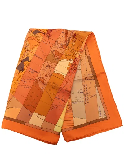 Pre-owned Hermes 2000-2026 Le Monde Est Vaste Silk Scarf 90 Scarves In Orange