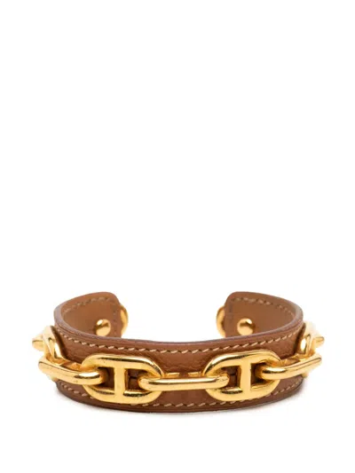 Pre-owned Hermes 2000-2026 Leather And Gold Plated Chaine D Ancre Cuff Bracelet Costume Bracelet In Brown