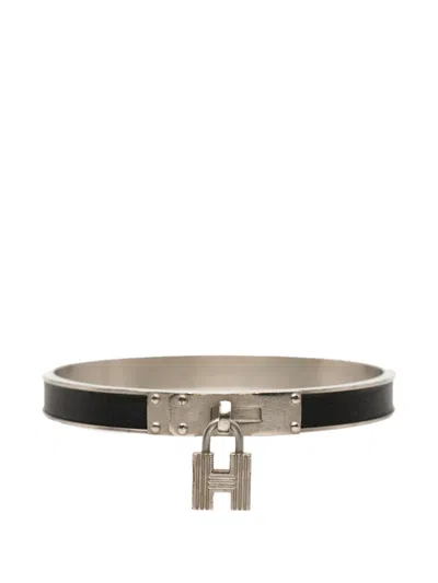 Pre-owned Hermes 2000-2026 Leather Kelly Cadena Lock Bangle Bracelet Costume Bracelet In Black