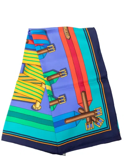 Pre-owned Hermes 2000-2026 Les Sangles Silk Scarf 90 Scarves In Blue