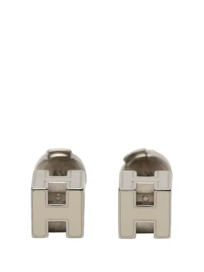 Pre-owned Hermes 2000-2026 Palladium Plated And Enamel Cage D H Push Back Earrings Costume Earrings In Silver