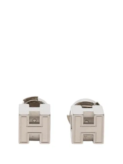 Pre-owned Hermes 2000-2026 Palladium Plated Cage Dh Cube Push Back Earrings Costume Earrings In Silver