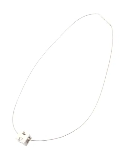 Pre-owned Hermes 2000-2026 Palladium Plated Enamel Cage D H Pendant Necklace Costume Necklace In Silver