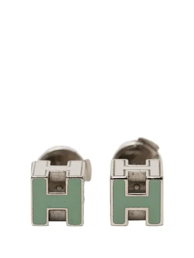 Pre-owned Hermes 2000-2026 Palladium Plated Enamel Cage Dh Cube Push Back Earrings Costume Earrings In Green