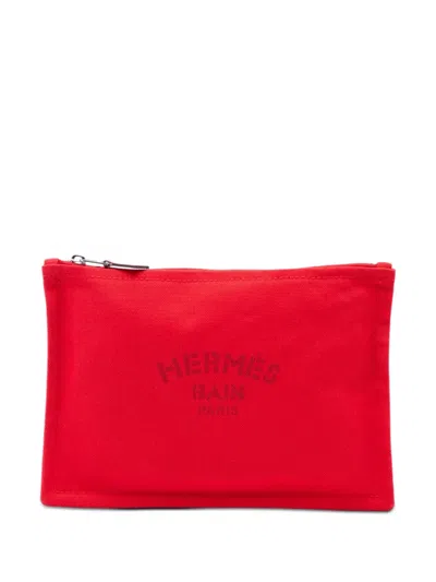 Pre-owned Hermes 2000-2026 Toile Bain Yachting Flat Pm Pouch In Red