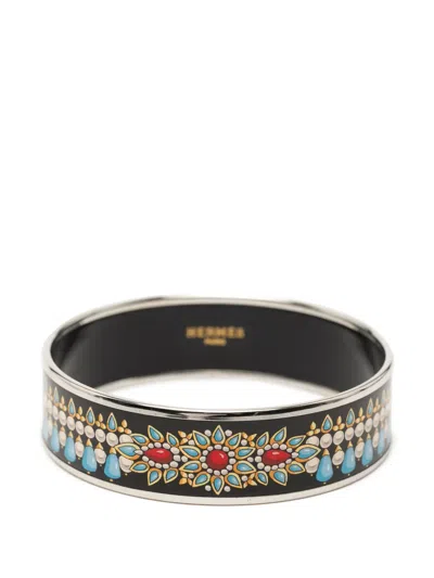 Pre-owned Hermes 2000-2026 Wide Printed Enamel Bangle 70 Costume Bracelet In Black
