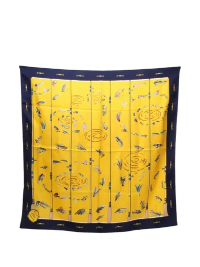 Pre-owned Hermes 2000s 90 Carré Flies Silk Scarf In Yellow