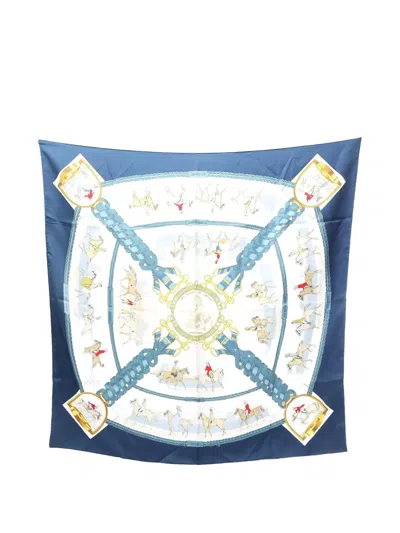 Pre-owned Hermes 2000s 90 Equestrian Silk Scarf In Blue