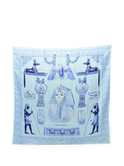 Pre-owned Hermes 2000s 90 Tutankhamun Printed Scarf In Blue