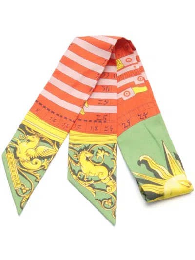 Pre-owned Hermes 2000s Astrologie Twilly Silk Scarf In Green