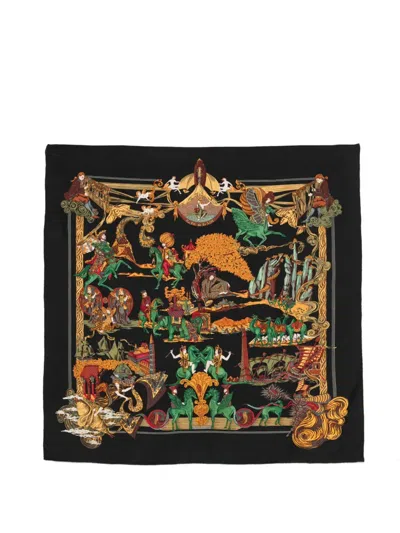 Pre-owned Hermes 2000s Au Fil De La Soie Silk Scarf In Black