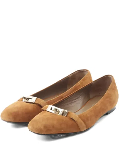 Pre-owned Hermes 2000s Bilbao Buckle Suede Ballet Flats In Brown
