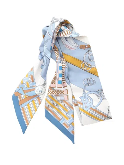 Pre-owned Hermes 2000s Brides Et Gris-gris Printed Ribbon Scarf In Blue