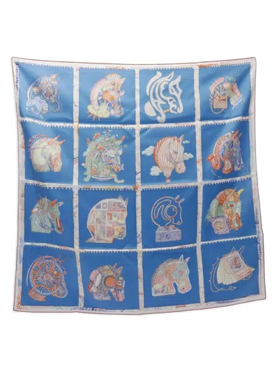 Pre-owned Hermes 2000s Carre 90 Chevaloscope Silk Scarf In Blue