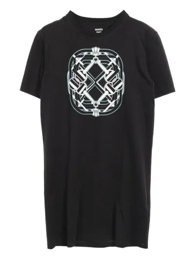 Pre-owned Hermes 2000s Cartouche Print T-shirt Dress In Black