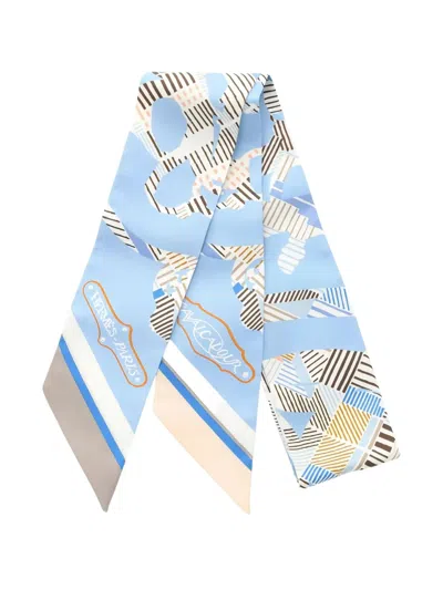 Pre-owned Hermes 2000s Cavalcadour Printed Ribbon Scarf In Blue