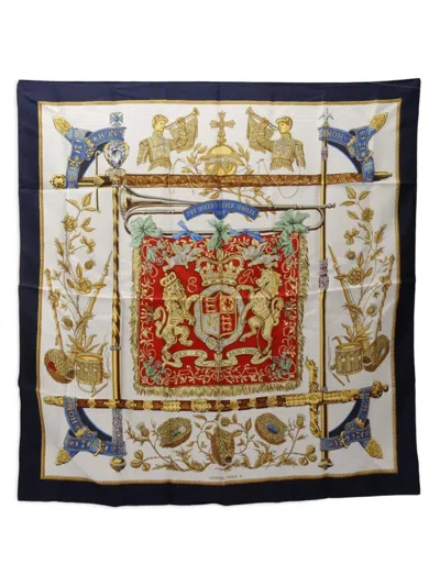 Pre-owned Hermes 2000s Dieu Et Mon Droit Le Jubilé D'argent De La Reine Silk Scarf In Blue