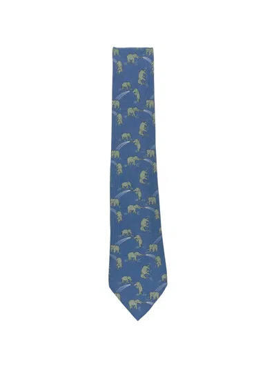 Pre-owned Hermes 2000s Elephant-print Silk Tie In Blue
