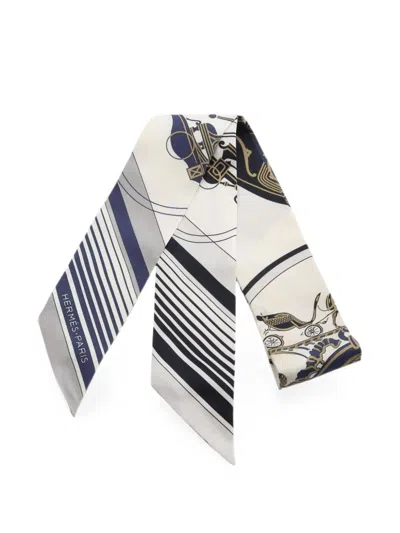 Pre-owned Hermes 2000s Ex-libris Ribbon Silk Scarf In White