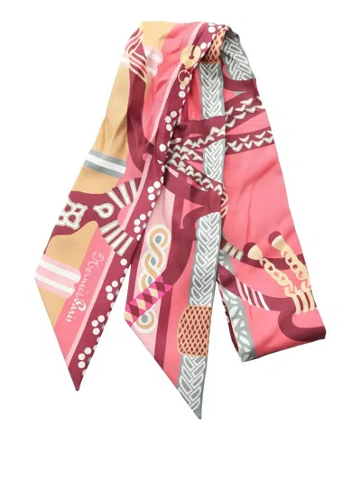 Pre-owned Hermes 2000s Fantaisie D'etriers Ribbon Scarf In Pink