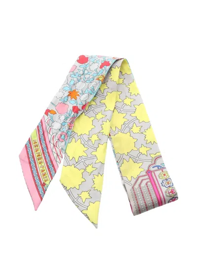 Pre-owned Hermes 2000s Floral Print Ribbon Scarf In Gray