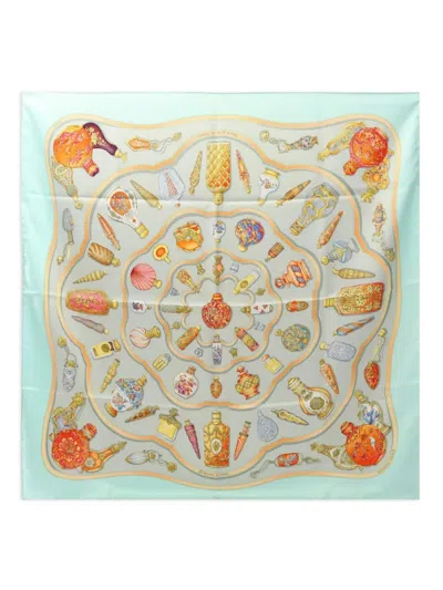 Pre-owned Hermes 2000s Floral-print Vase Scarf In Blue