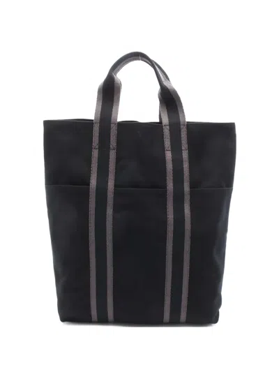 Pre-owned Hermes 2000s Fool Medium Striped Canvas Tote Bag In Black