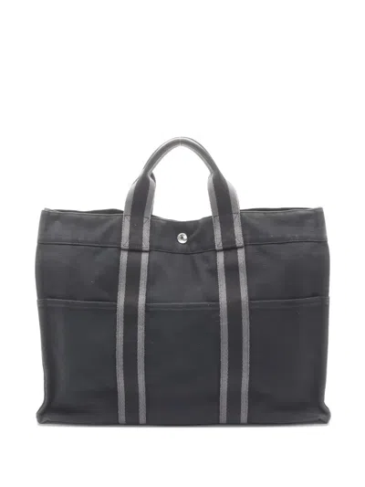 Pre-owned Hermes 2000s Foule Mm Striped Canvas Tote Bag In Black